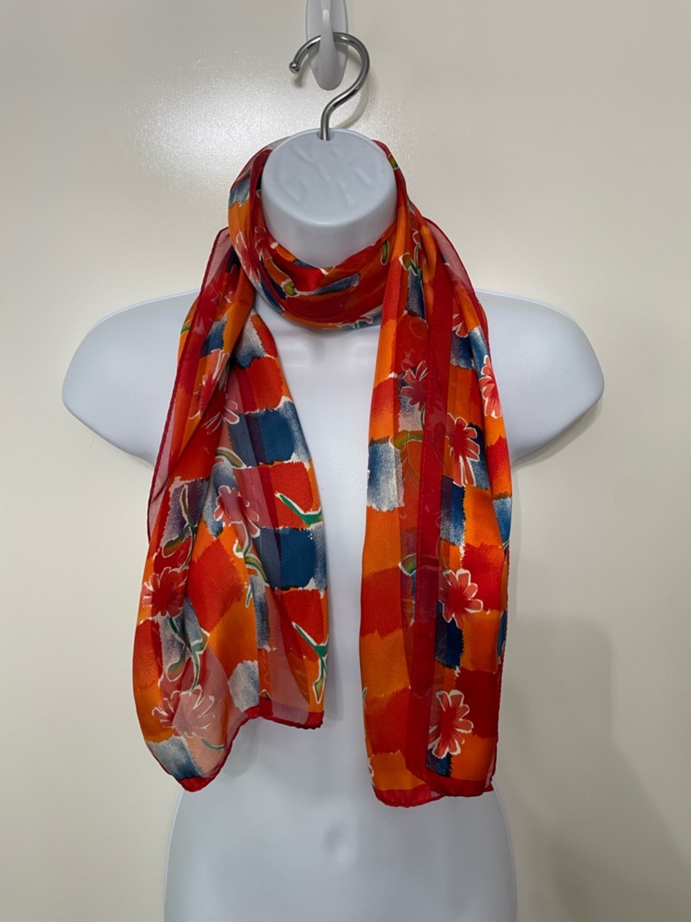 Jacquline Ferrar Silk Orange Red Check Floral Lightweight Scarf
